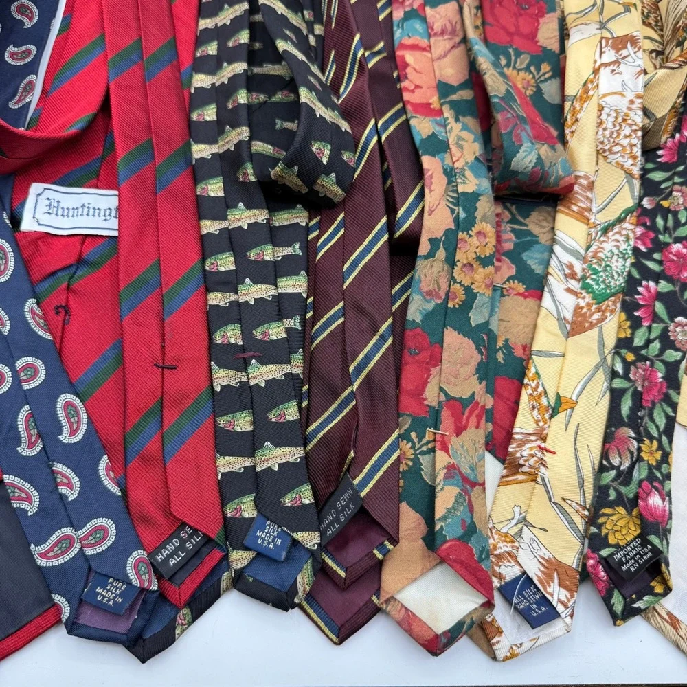 Huntington Mens Silk Necktie Lot of 7 Vintage Paisley Striped Fish Bird Floral